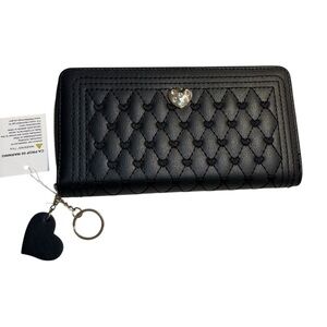 NEW Wallet Black Quilted Embroidered Hearts black Threading Gold Heart Crystals